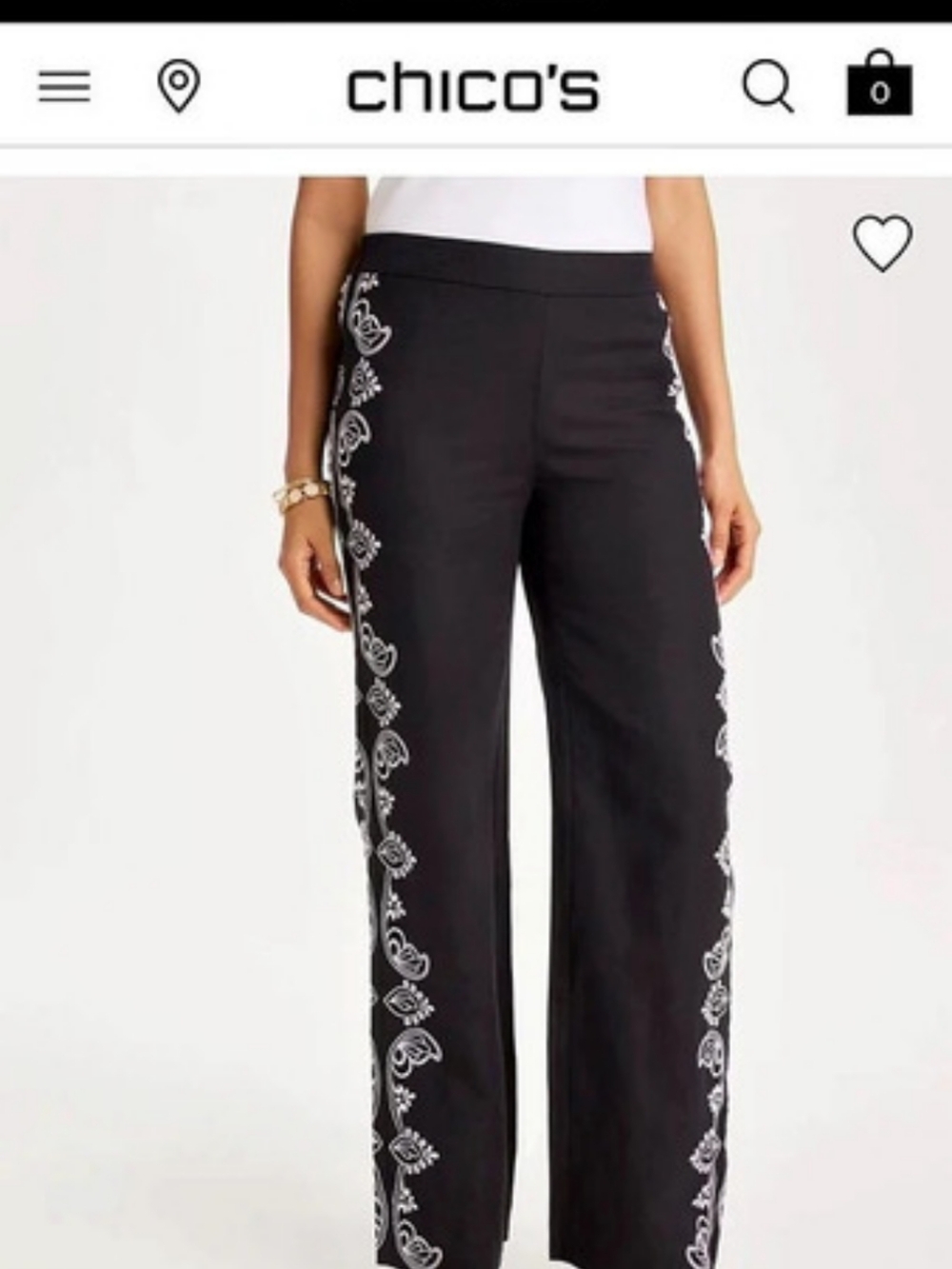 Chico's Embroidered Pull-On Wide-Leg Linen Pants Black & White
